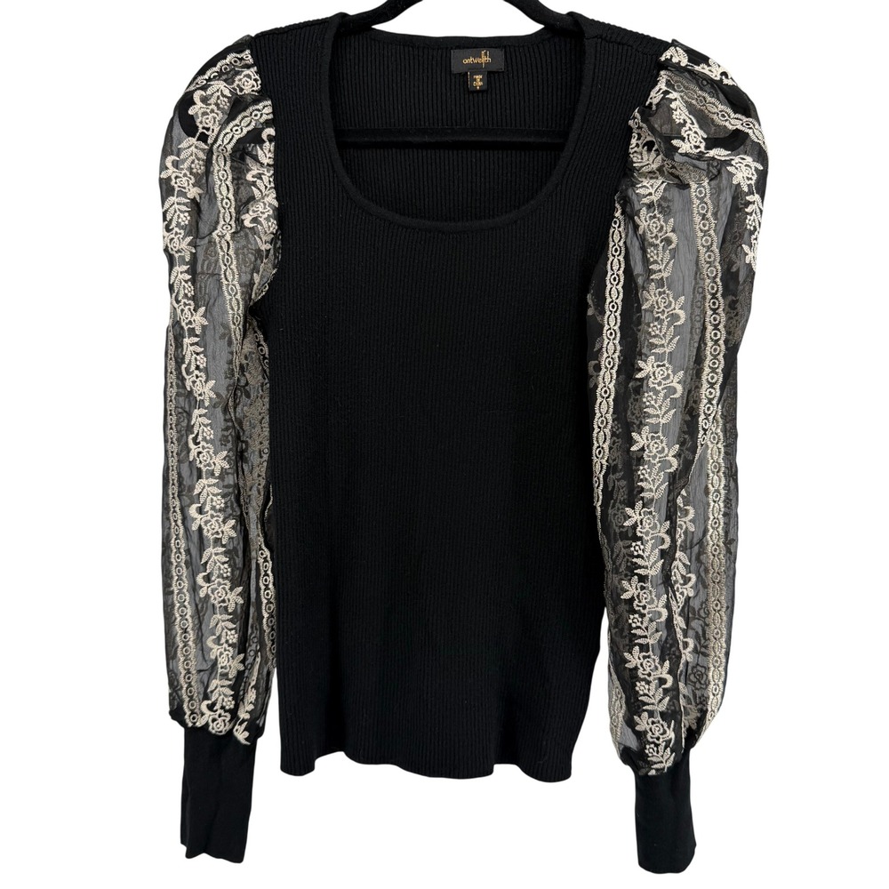 On Twelfth‎ Black Ribbed Knit Sweater Sheer Floral Embroidered Puff Sleeve Small